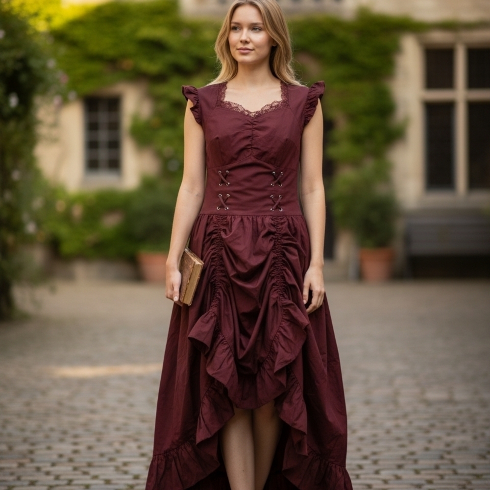 Belle Poque Victorian Ruched Ruffle Tea Dress – Burgundy – Size M – NWT